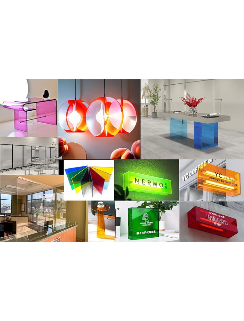 A collage showcasing vibrant acrylic furniture, lighting fixtures, and decorative elements, highlighting modern design aesthetics and innovative use of materials.
