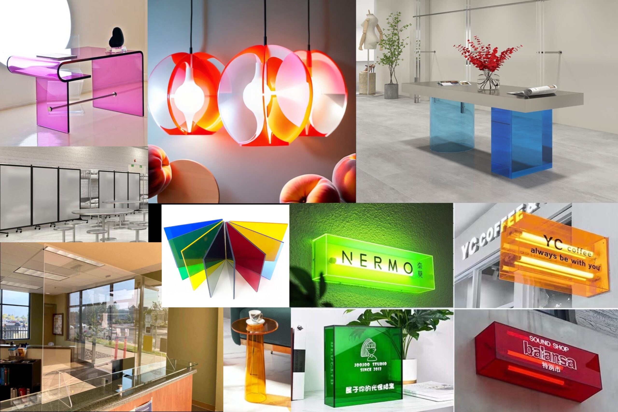 A collage of modern acrylic furniture and lighting designs, showcasing colorful items like a pink desk, vibrant lamps, and transparent partitions, highlighting contemporary decor trends.