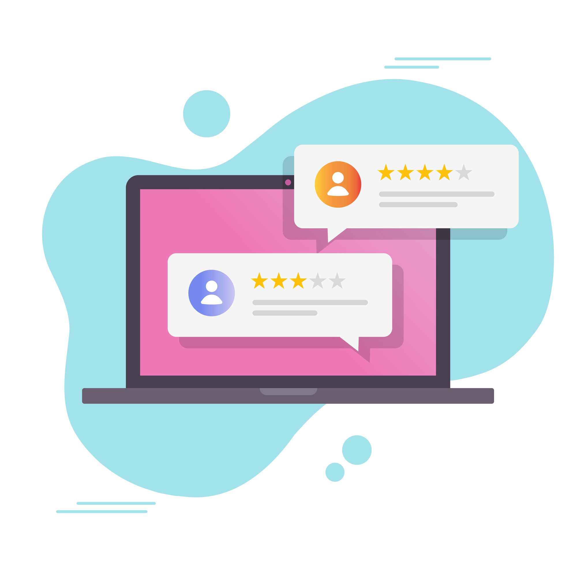 Laptop displaying two user reviews with star ratings, highlighting customer feedback for a product or service. Relevant for showcasing testimonials.