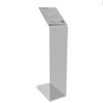 A transparent display stand features an informational sign at a slight angle. It showcases product details and a QR code, suitable for presentations.